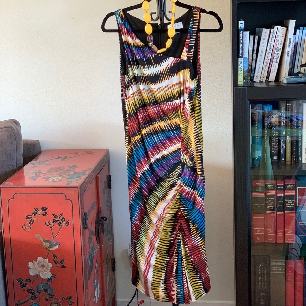 Multi-colored dress with asymmetrical neckline